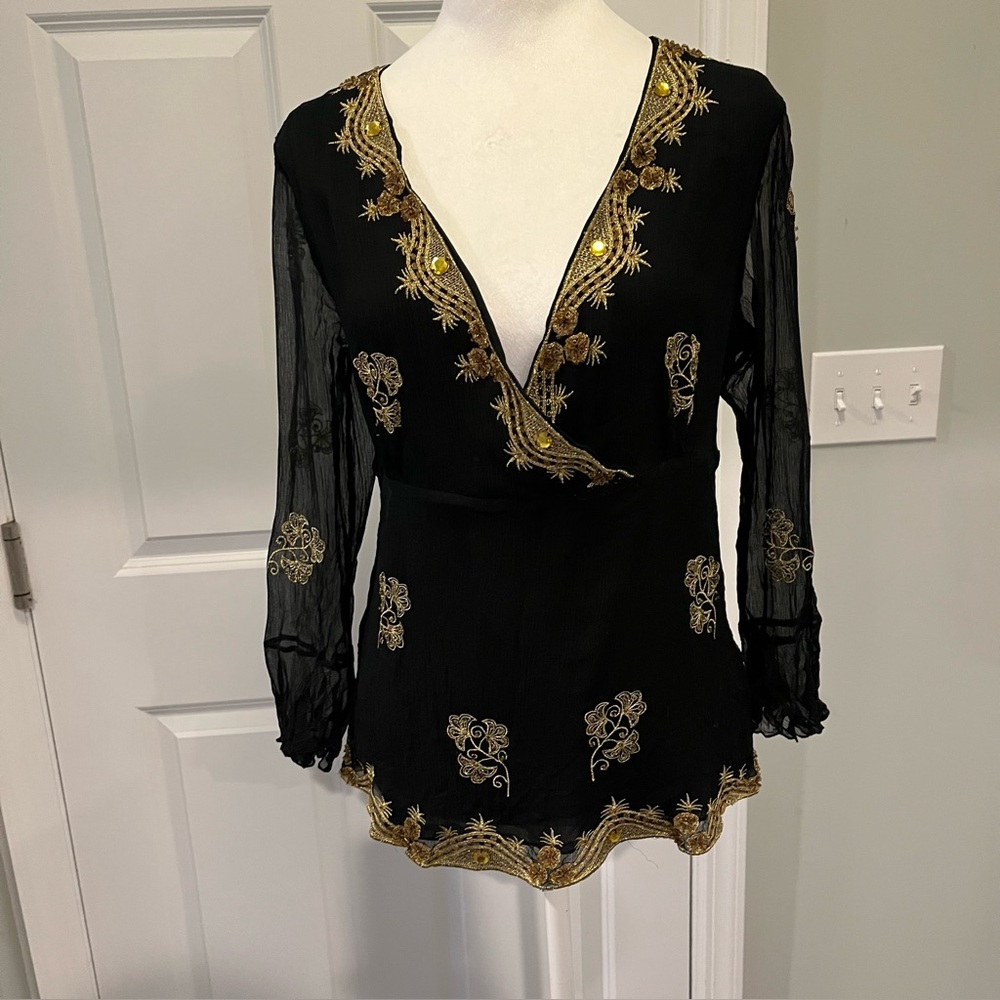 Silkland 100% Silk Black Long Ruffle Sleeve VTG Y2K Blouse Gold Beading, Size L